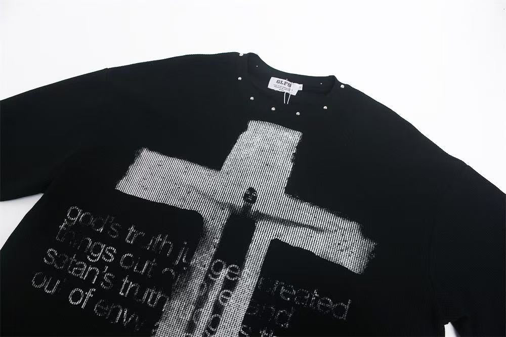 Studded Collar Cross Print Waffle Knit Long Sleeve - OMYGOODS
