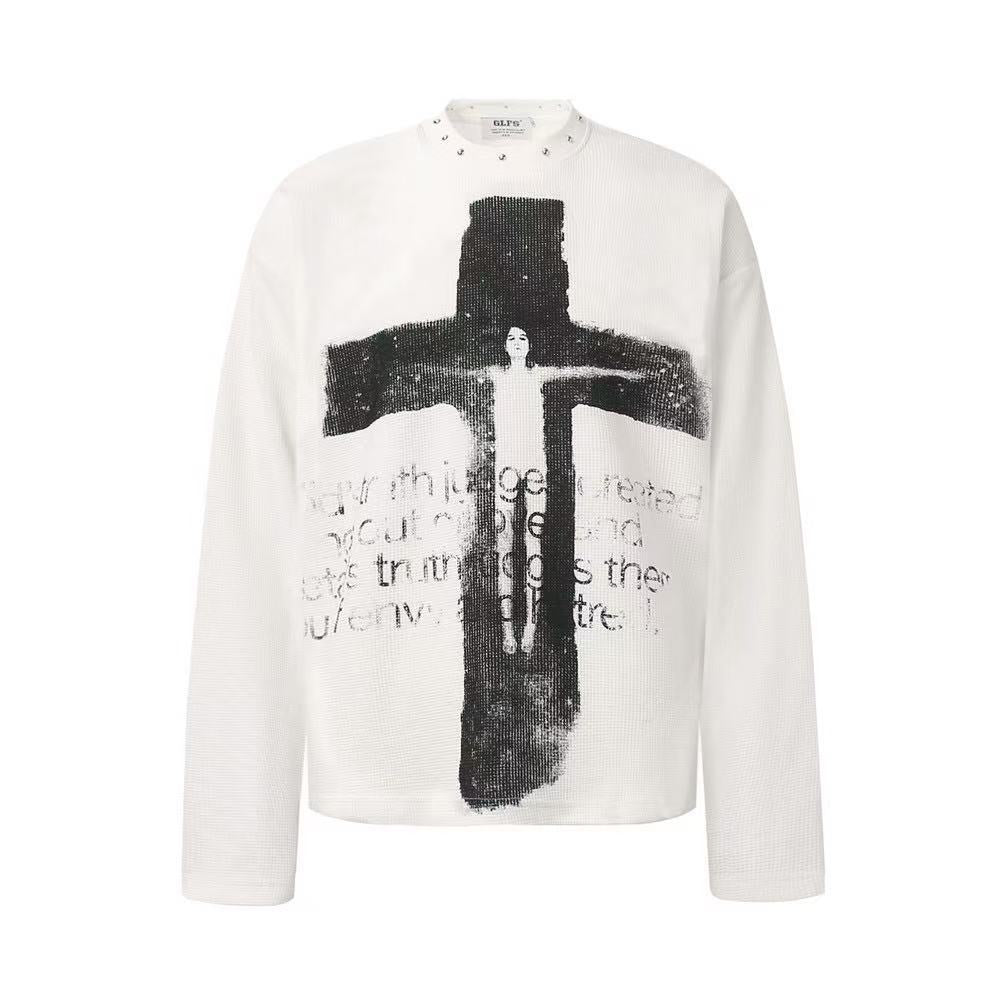 Studded Collar Cross Print Waffle Knit Long Sleeve - OMYGOODS
