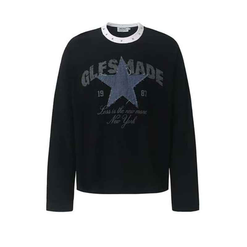 Denim Star Patch Stud Collar Waffle Knit Long Sleeve