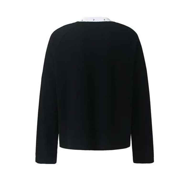 Denim Star Patch Stud Collar Waffle Knit Long Sleeve