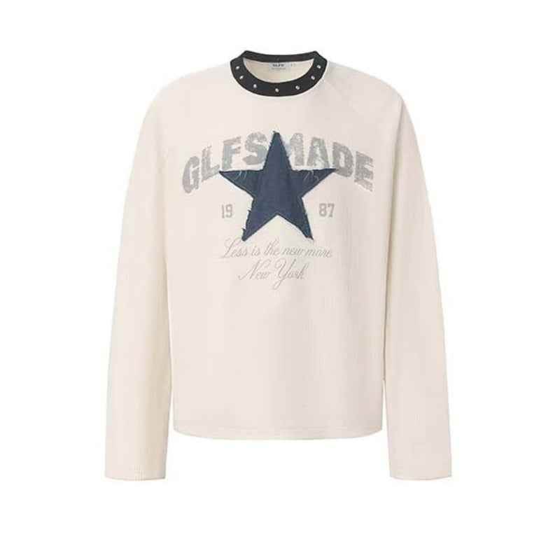 Denim Star Patch Stud Collar Waffle Knit Long Sleeve