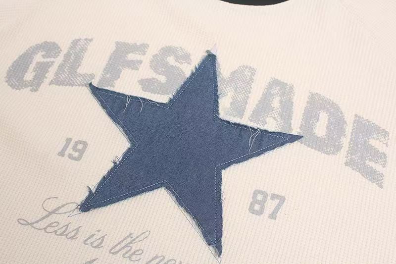 Denim Star Patch Stud Collar Waffle Knit Long Sleeve - OMYGOODS