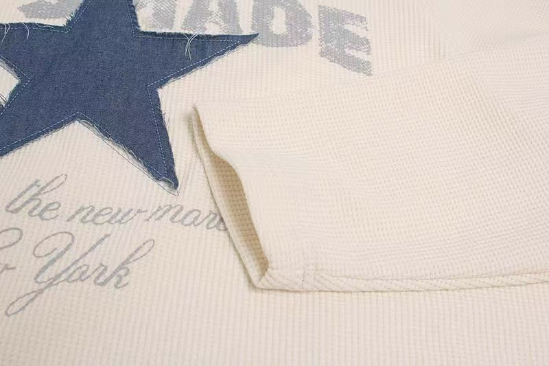 Denim Star Patch Stud Collar Waffle Knit Long Sleeve - OMYGOODS