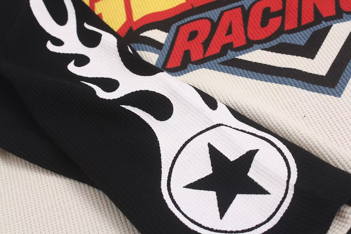 Racing Graphic Contrast Color Waffle Knit Long Sleeve - OMYGOODS