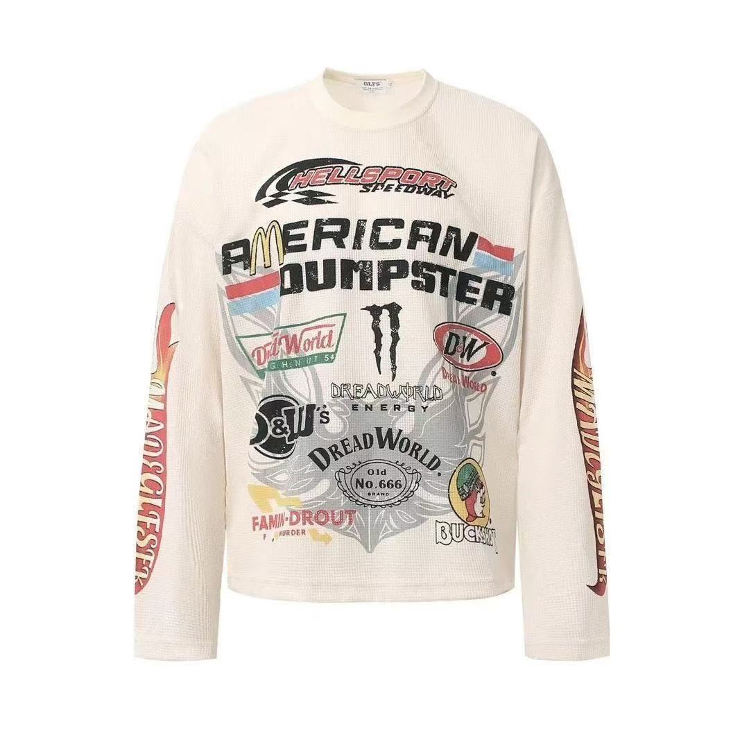 Vintage Racing Collage Print Waffle Knit Long Sleeve - OMYGOODS