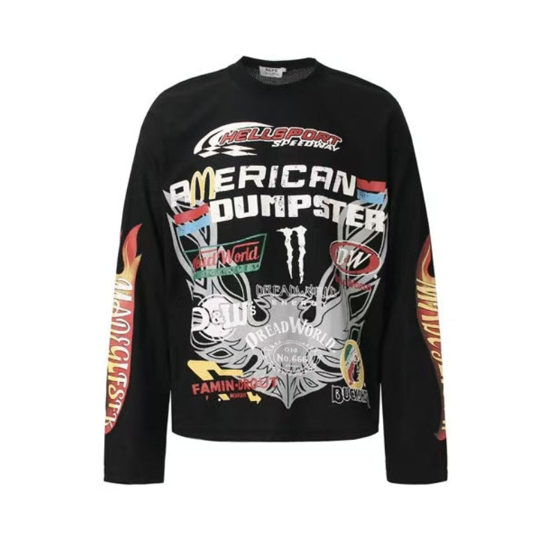 Vintage Racing Collage Print Waffle Knit Long Sleeve - OMYGOODS