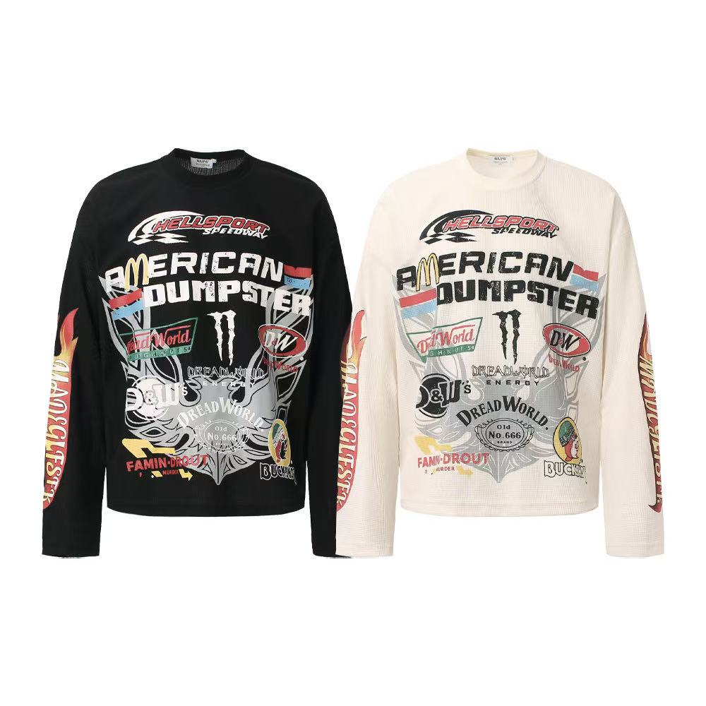 Vintage Racing Collage Print Waffle Knit Long Sleeve - OMYGOODS