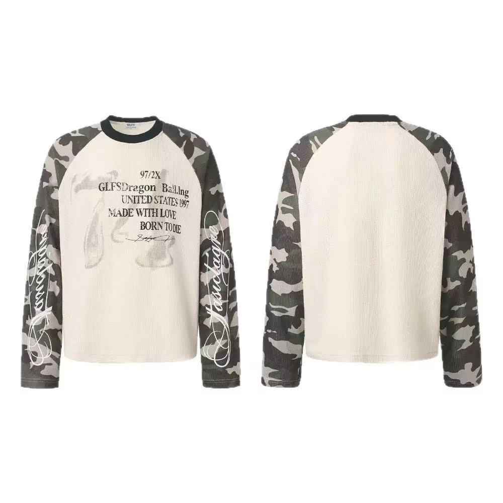 Camo Raglan Sleeve Vintage Script Print Waffle Knit Long Sleeve