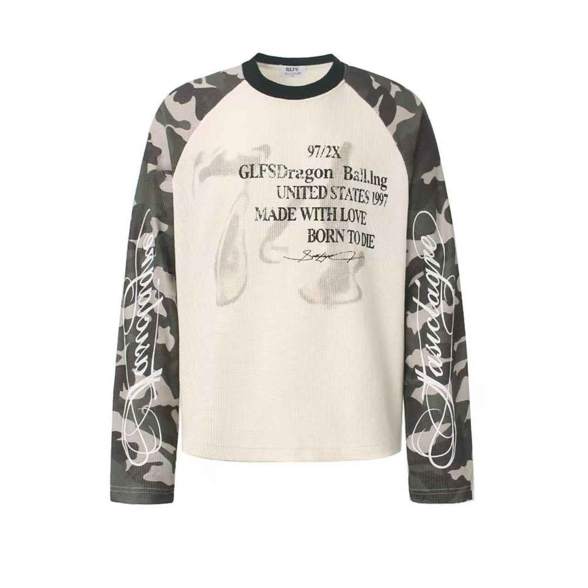 Camo Raglan Sleeve Vintage Script Print Waffle Knit Long Sleeve