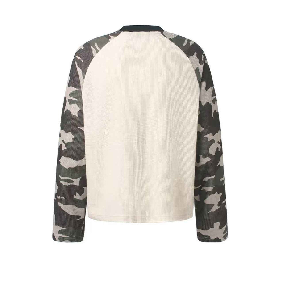 Camo Raglan Sleeve Vintage Script Print Waffle Knit Long Sleeve