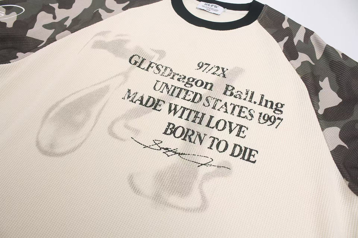 Camo Raglan Sleeve Vintage Script Print Waffle Knit Long Sleeve - OMYGOODS