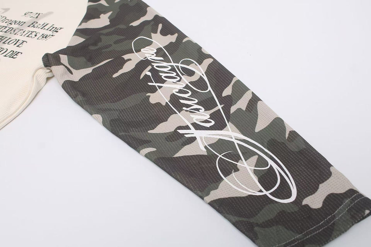 Camo Raglan Sleeve Vintage Script Print Waffle Knit Long Sleeve - OMYGOODS