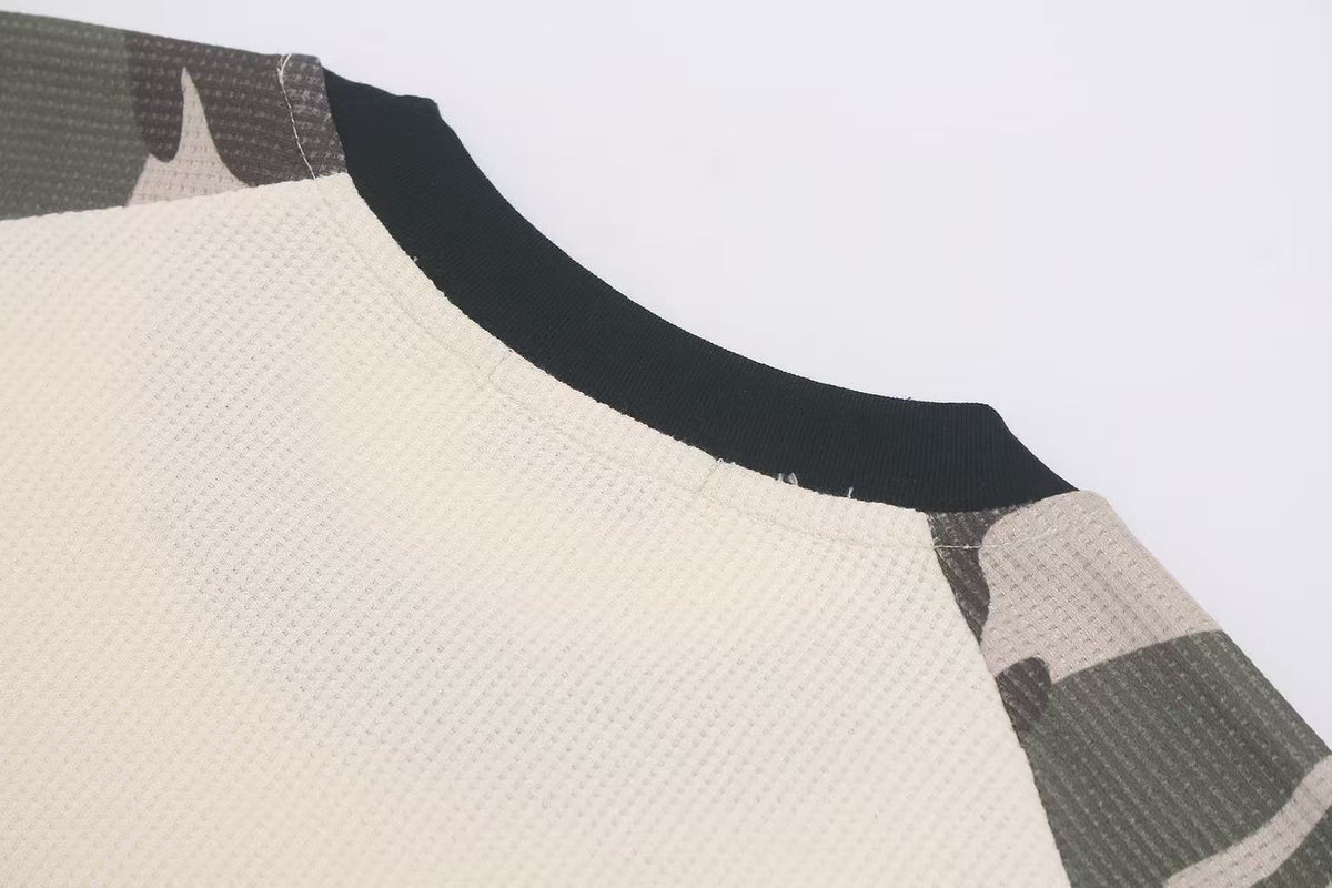Camo Raglan Sleeve Vintage Script Print Waffle Knit Long Sleeve - OMYGOODS