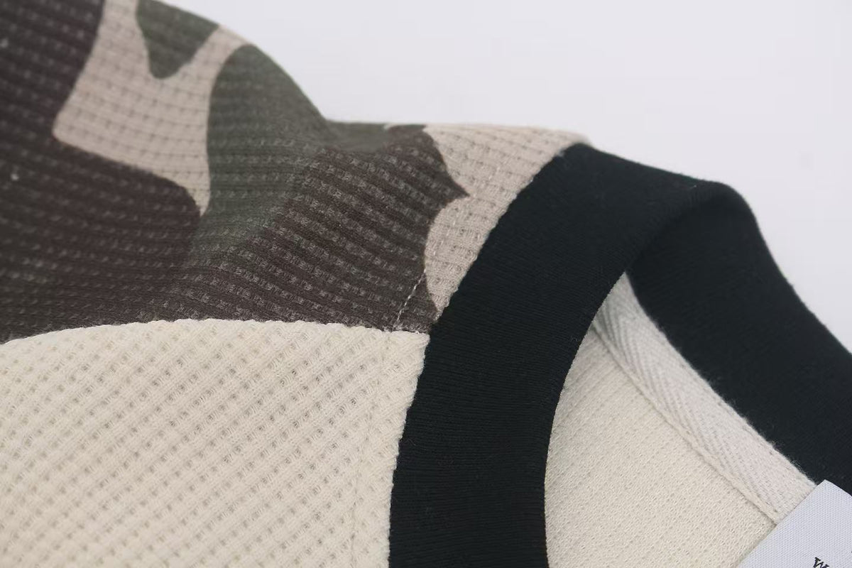 Camo Raglan Sleeve Vintage Script Print Waffle Knit Long Sleeve - OMYGOODS