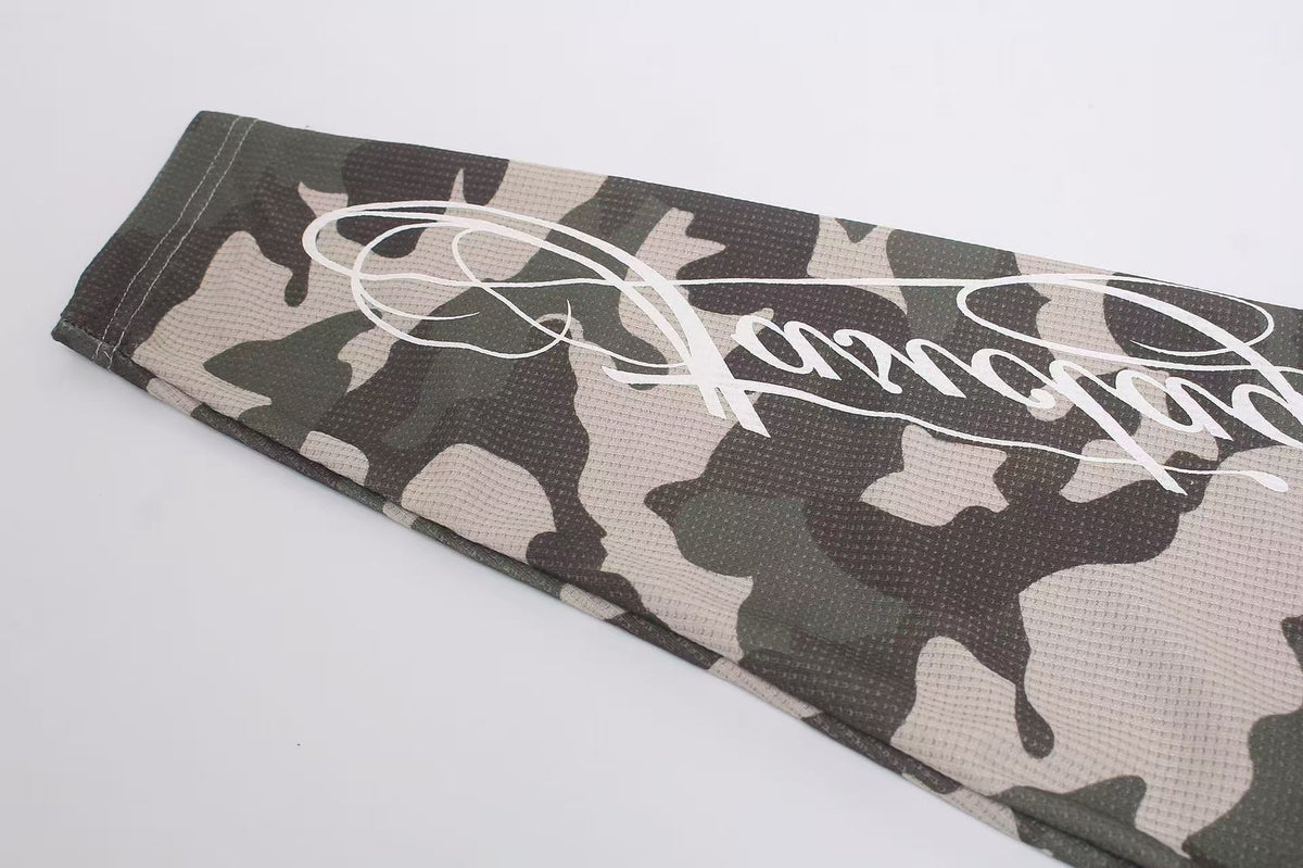 Camo Raglan Sleeve Vintage Script Print Waffle Knit Long Sleeve - OMYGOODS