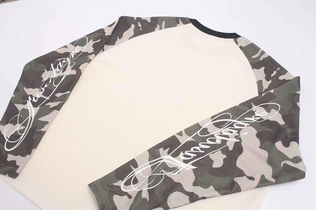 Camo Raglan Sleeve Vintage Script Print Waffle Knit Long Sleeve