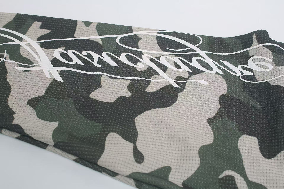 Camo Raglan Sleeve Vintage Script Print Waffle Knit Long Sleeve - OMYGOODS