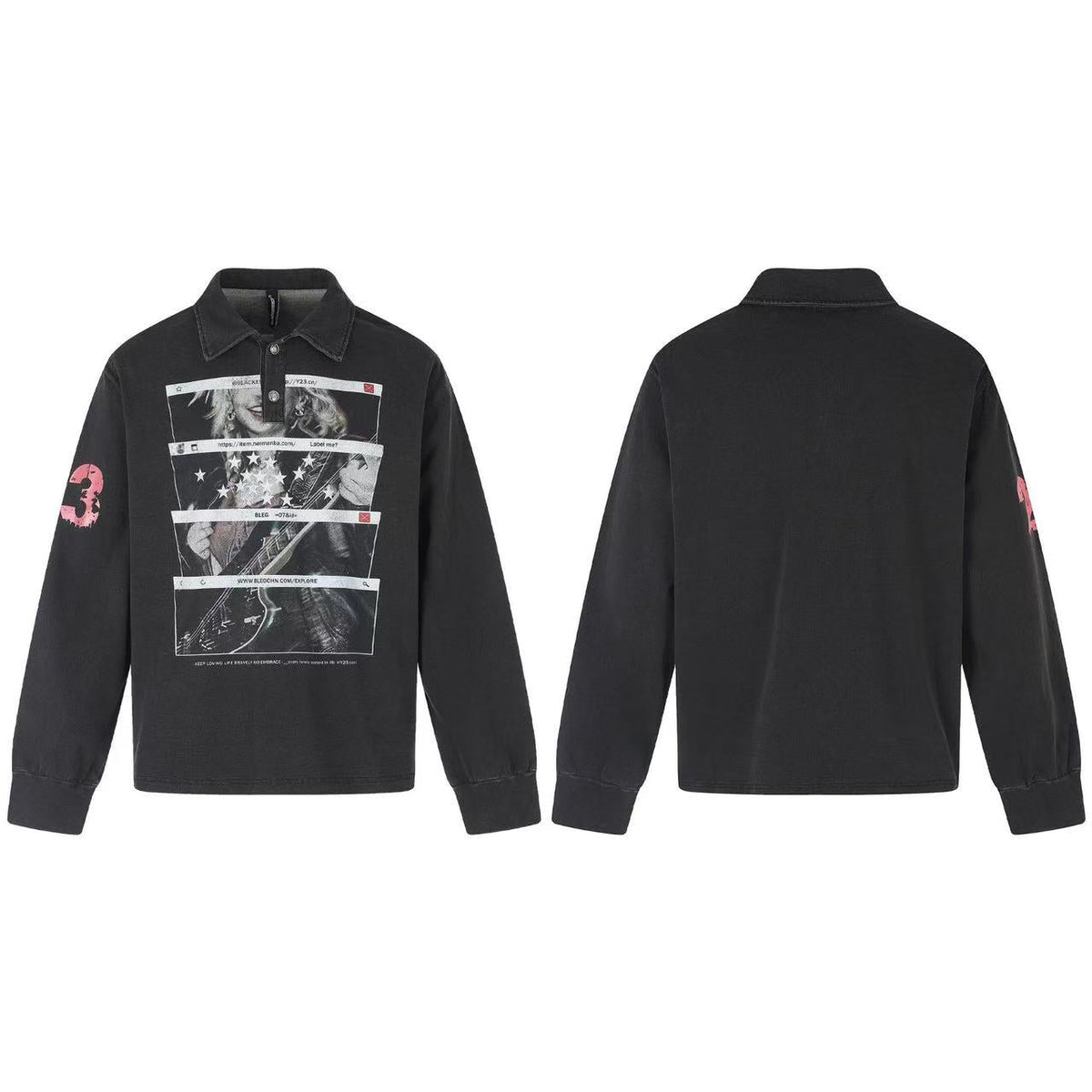 Wash Vintage Rock Graphic Long Sleeve Polo Shirt - OMYGOODS