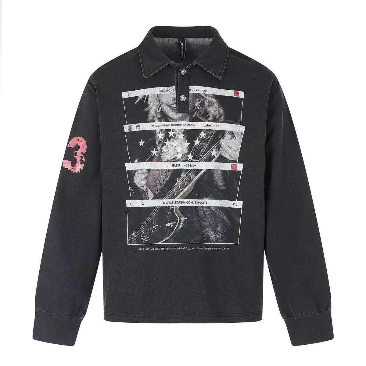 Wash Vintage Rock Graphic Long Sleeve Polo Shirt - OMYGOODS
