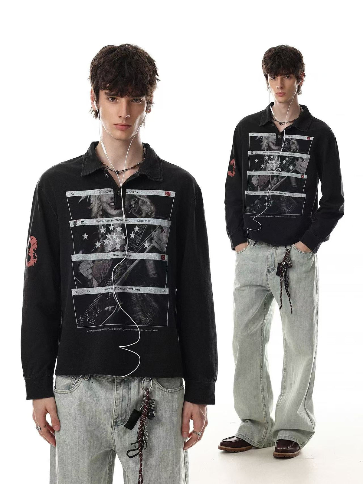 Wash Vintage Rock Graphic Long Sleeve Polo Shirt - OMYGOODS