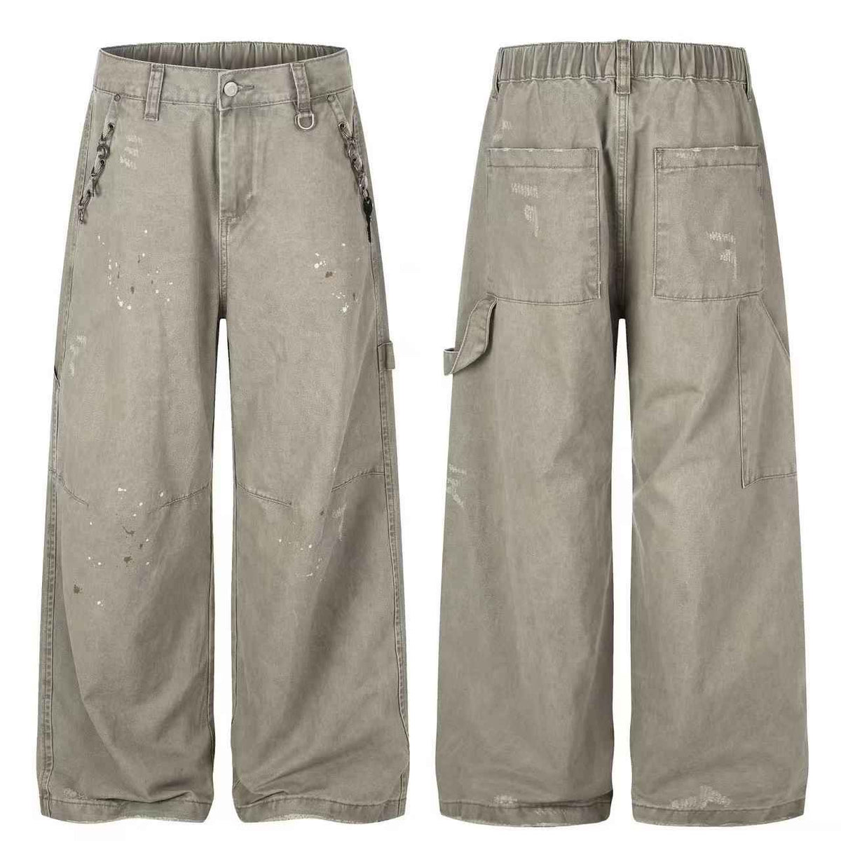 Splash Paint Distressed Chain Decor Wide-Leg Cargo Pants