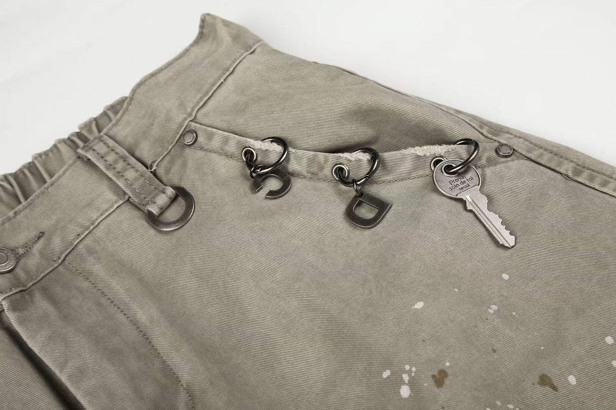 Splash Paint Distressed Chain Decor Wide-Leg Cargo Pants - OMYGOODS