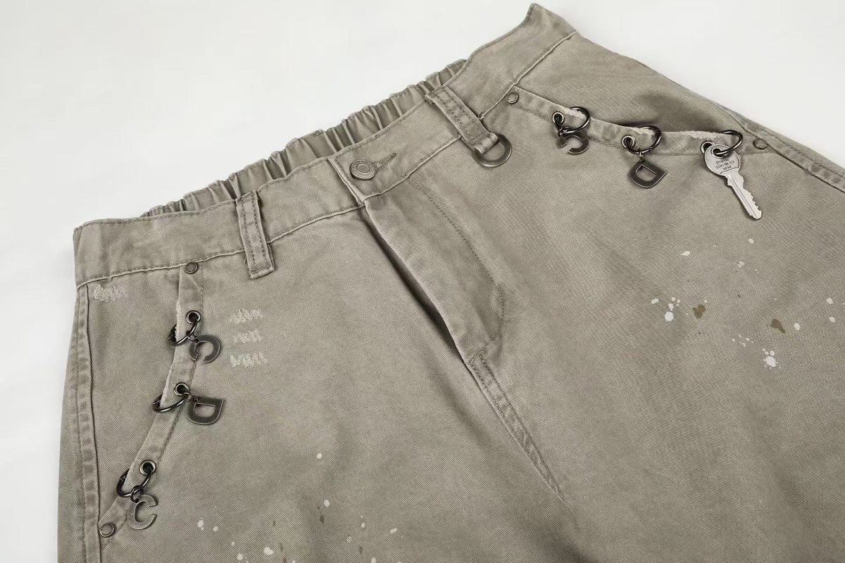 Splash Paint Distressed Chain Decor Wide-Leg Cargo Pants - OMYGOODS