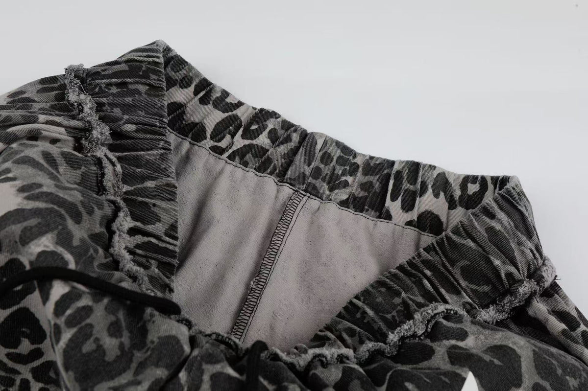 Leopard Print Skull 23 Raw Edge Wide-Leg Pants - OMYGOODS