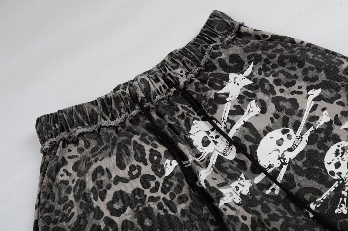 Leopard Print Skull 23 Raw Edge Wide-Leg Pants - OMYGOODS