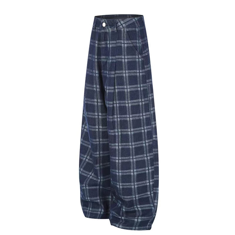 Vintage Blue Plaid Wide-Leg Cargo Pants - OMYGOODS