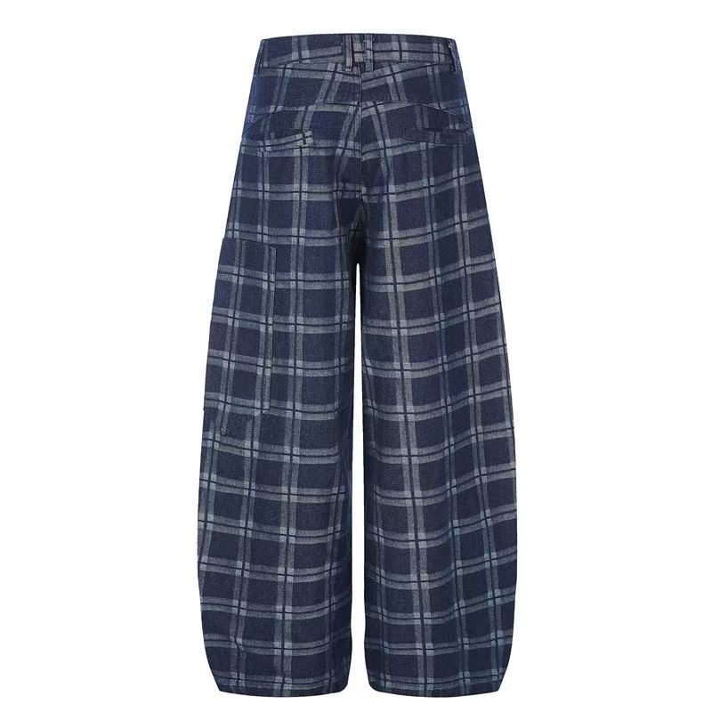 Vintage Blue Plaid Wide-Leg Cargo Pants - OMYGOODS