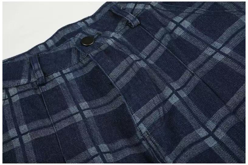 Vintage Blue Plaid Wide-Leg Cargo Pants - OMYGOODS