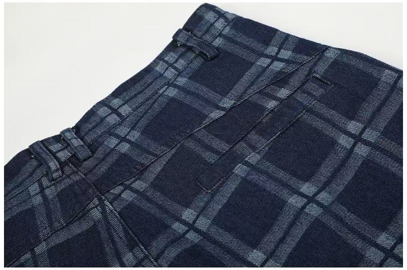 Vintage Blue Plaid Wide-Leg Cargo Pants - OMYGOODS