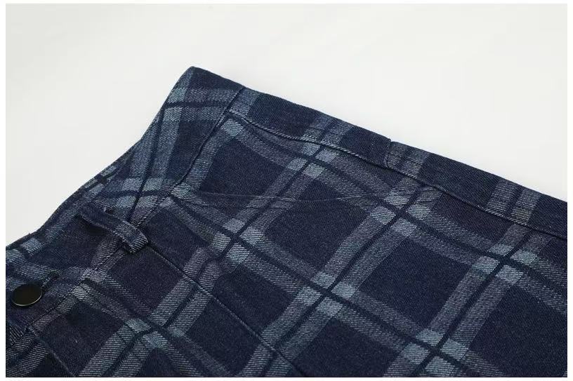 Vintage Blue Plaid Wide-Leg Cargo Pants - OMYGOODS