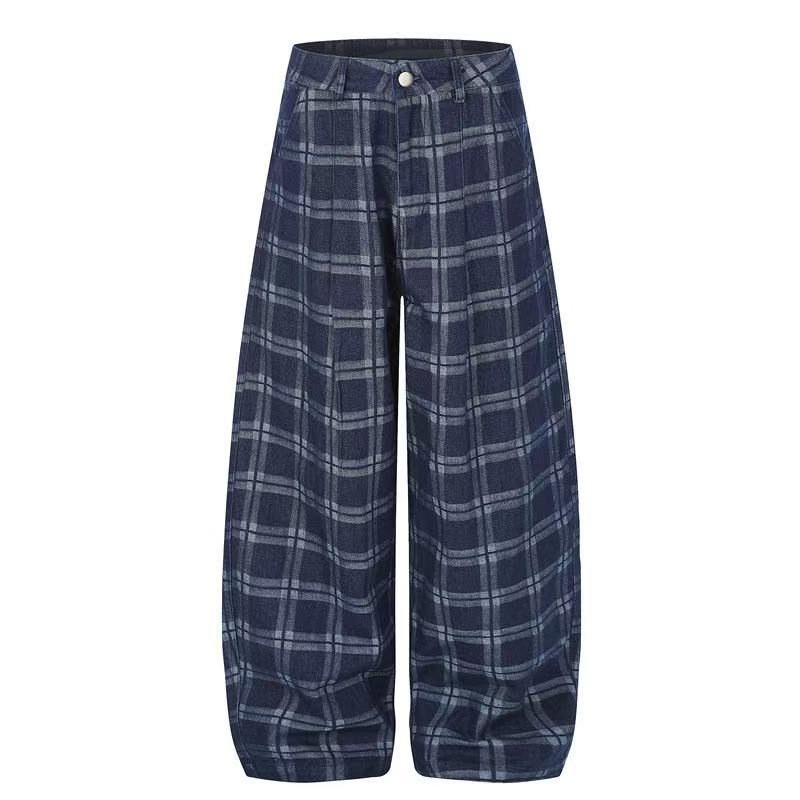 Vintage Blue Plaid Wide-Leg Cargo Pants - OMYGOODS
