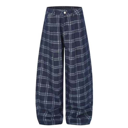 Vintage Blue Plaid Wide-Leg Cargo Pants - OMYGOODS