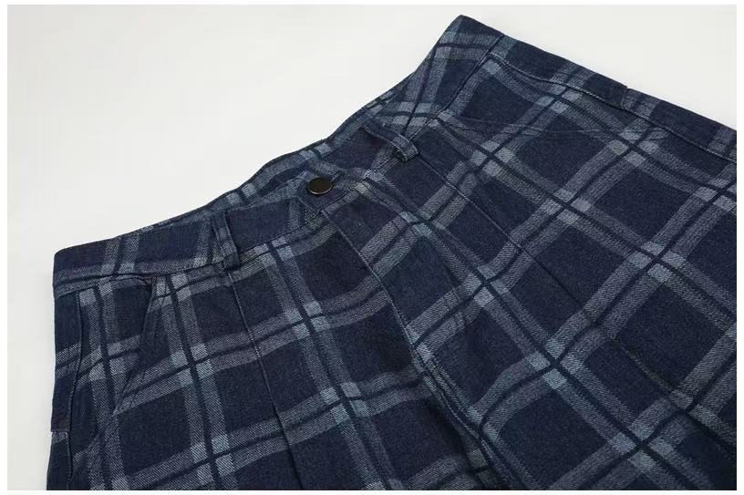 Vintage Blue Plaid Wide-Leg Cargo Pants - OMYGOODS