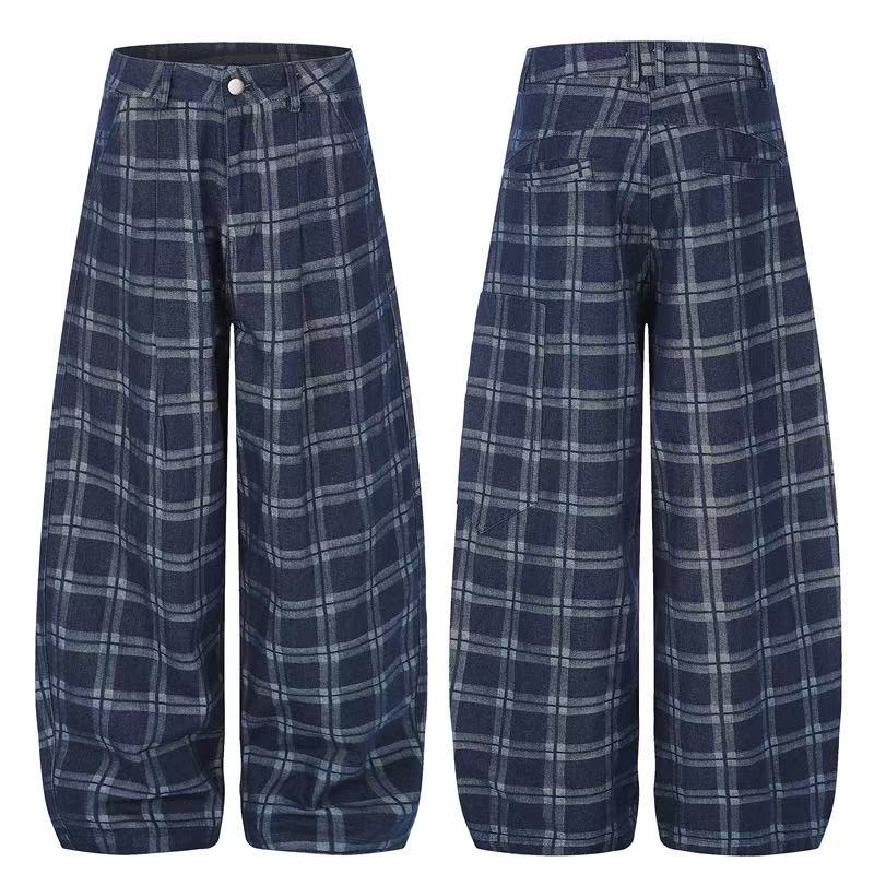 Vintage Blue Plaid Wide-Leg Cargo Pants - OMYGOODS