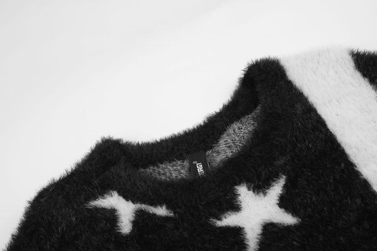 Black White Star & Striper Fuzzy Knit Sweater - OMYGOODS