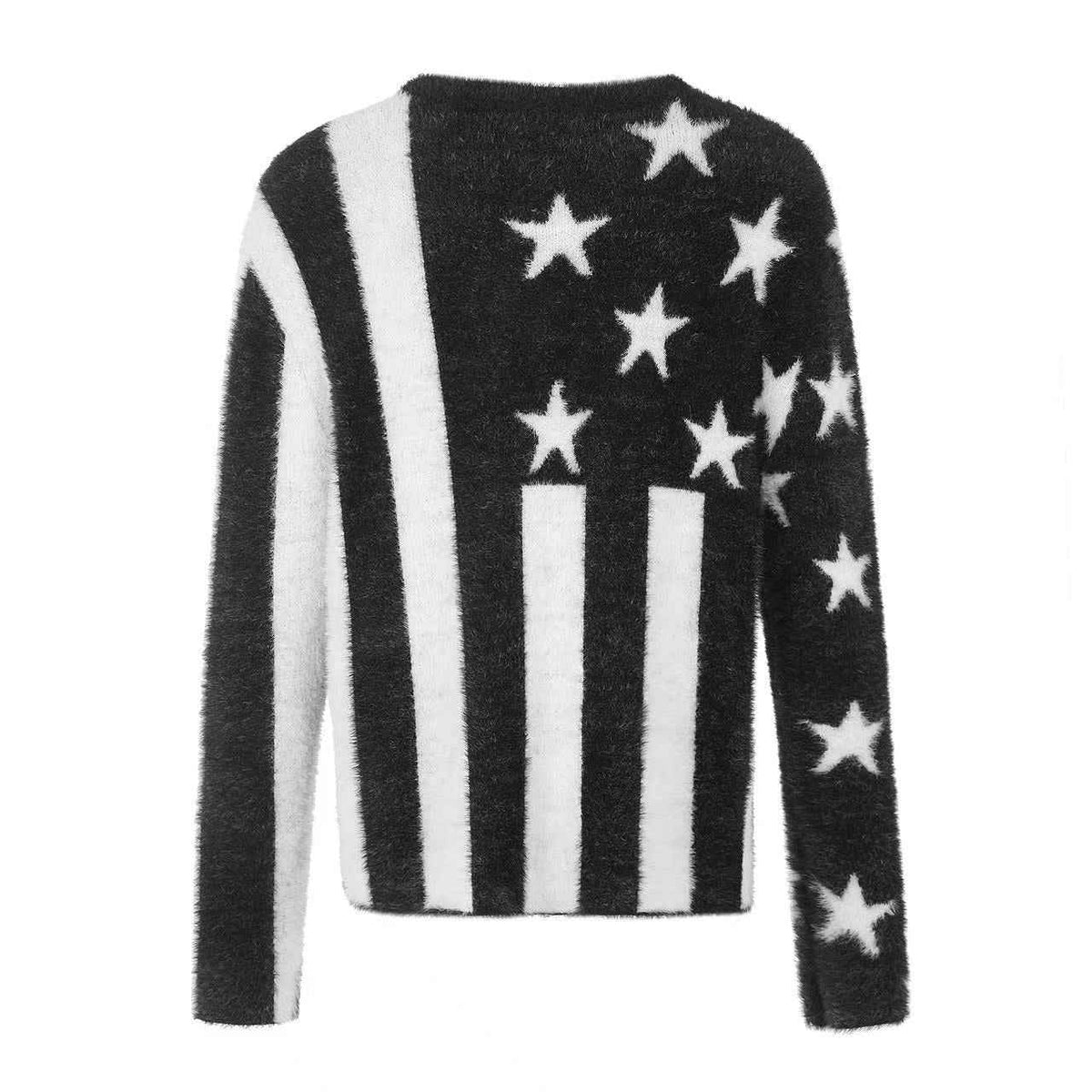 Black White Star & Striper Fuzzy Knit Sweater