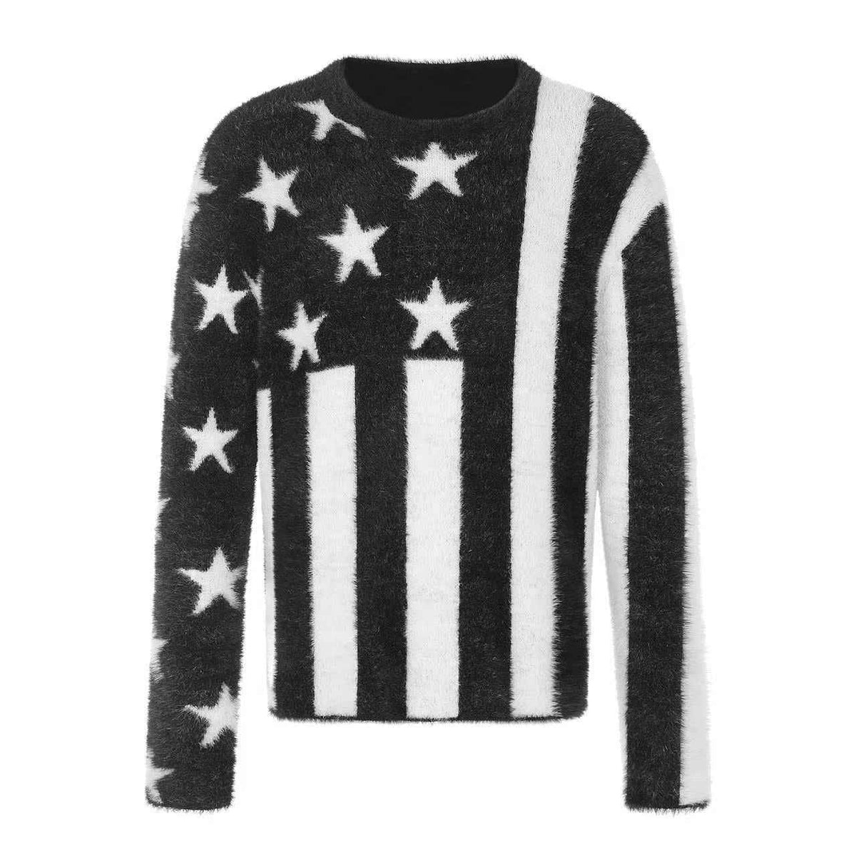 Black White Star & Striper Fuzzy Knit Sweater