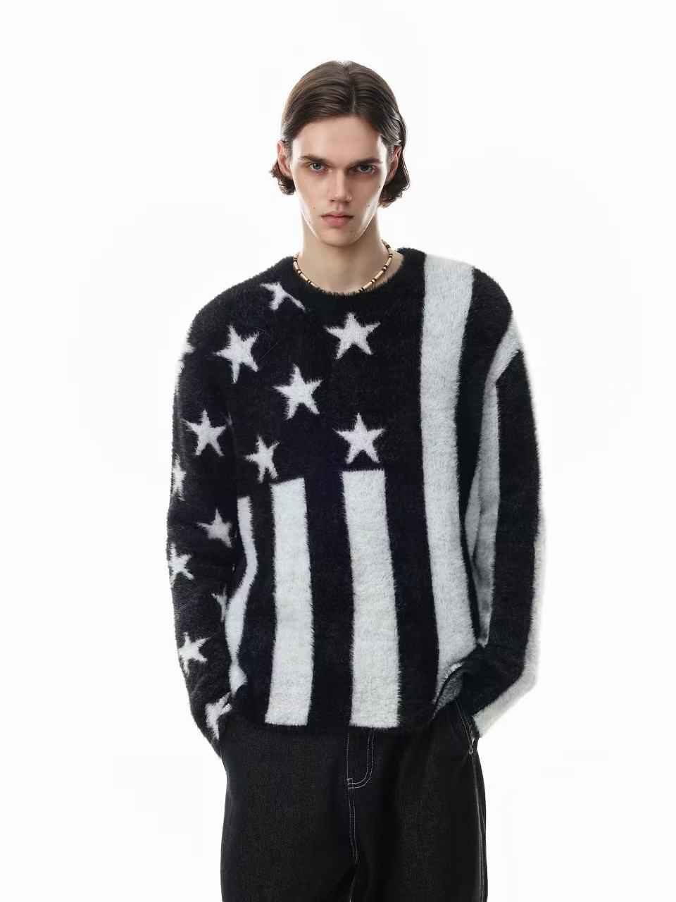 Black White Star & Striper Fuzzy Knit Sweater