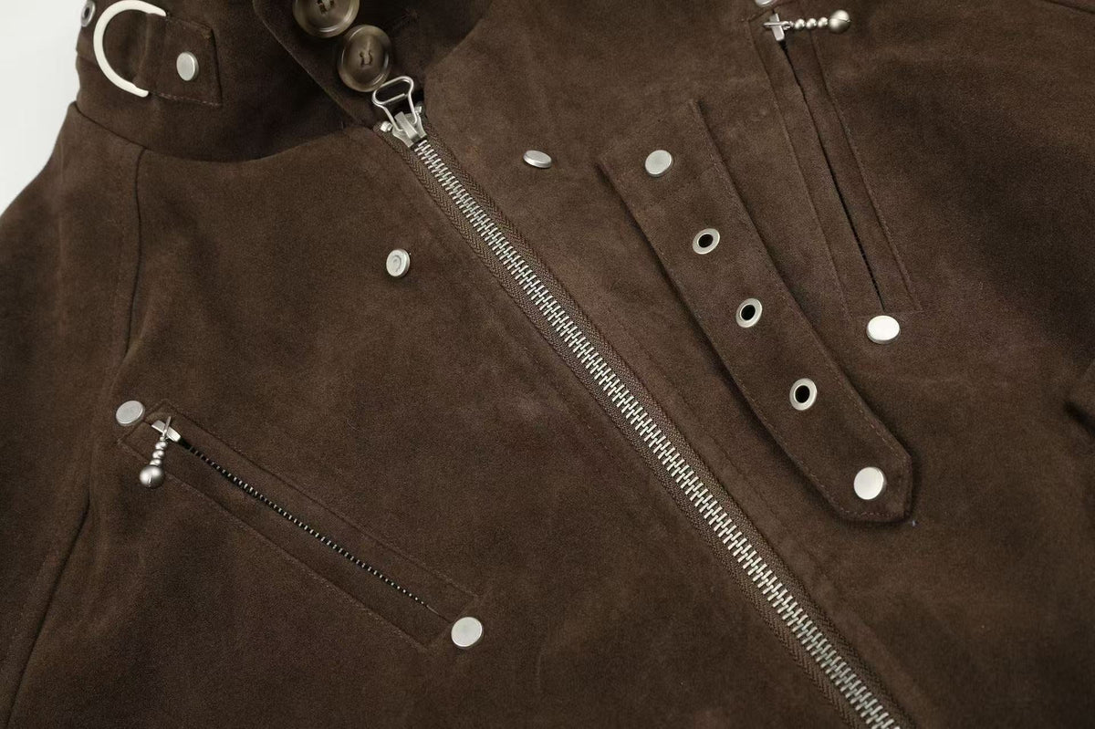 Vintage Studded Faux Suede Cropped Bomber jacket - OMYGOODS