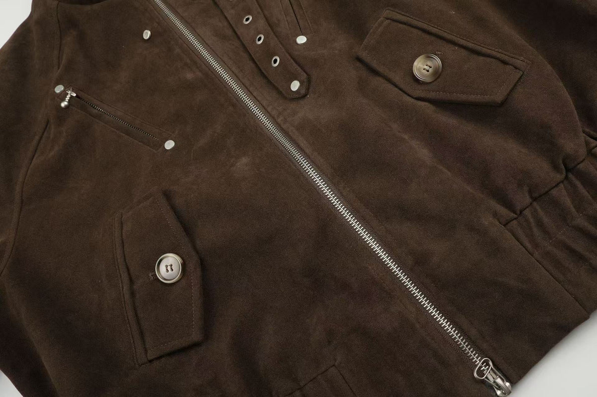 Vintage Studded Faux Suede Cropped Bomber jacket - OMYGOODS