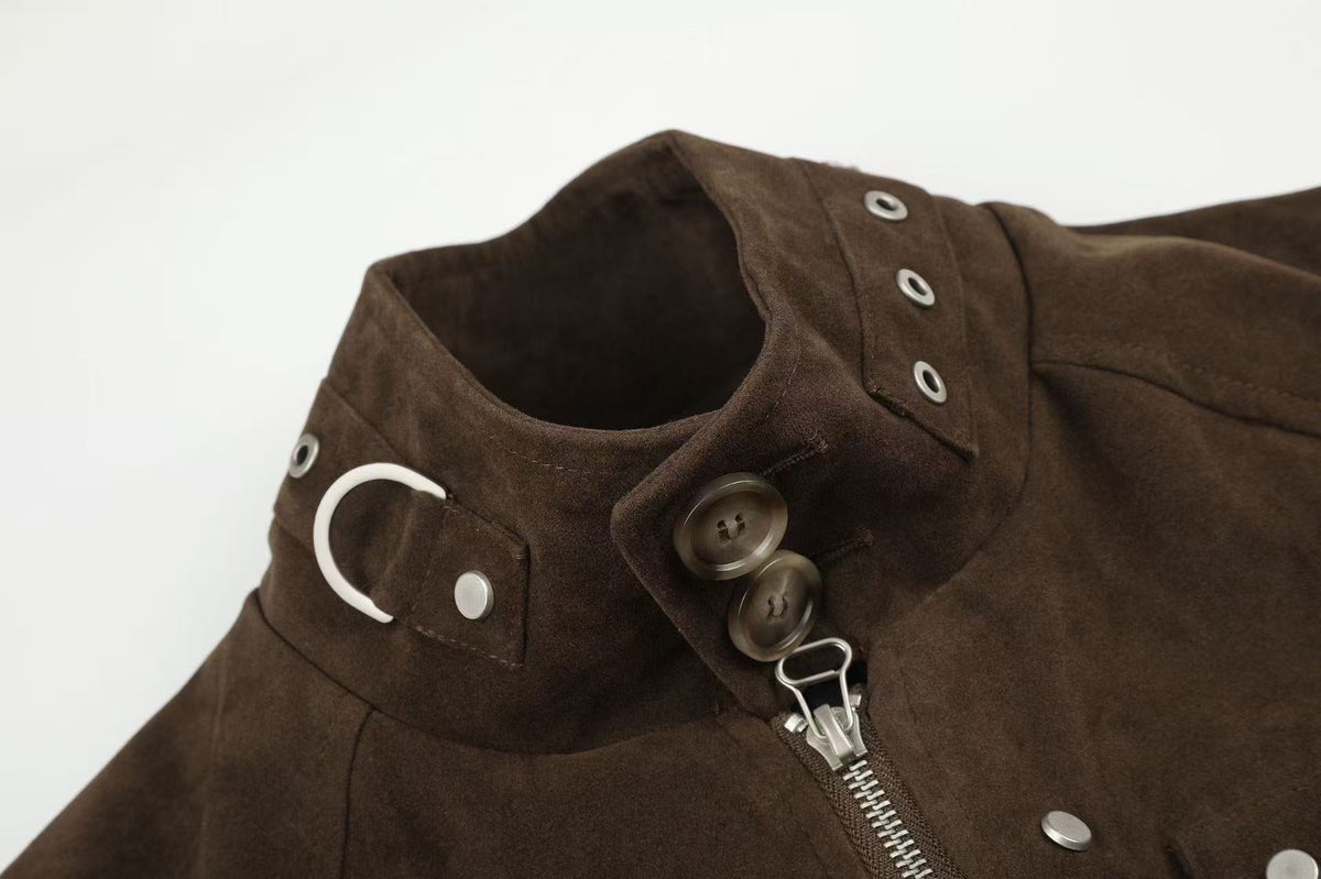Vintage Studded Faux Suede Cropped Bomber jacket - OMYGOODS