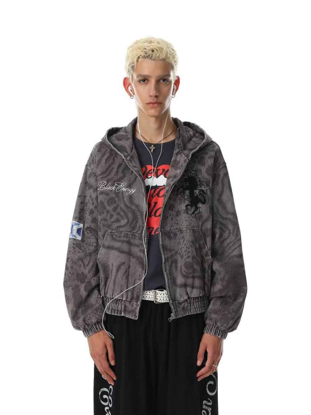 Washed Leopard Print Zip Up Hooded Jacket - OMYGOODS