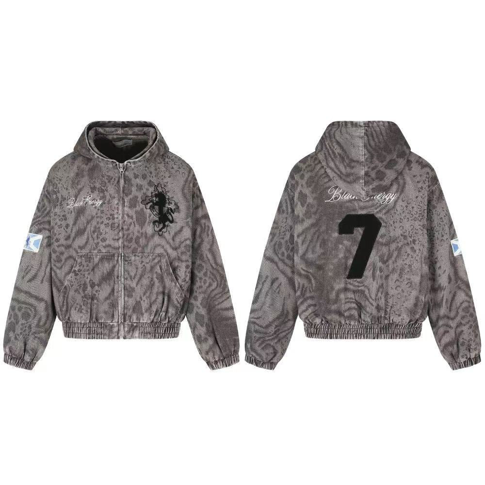 Washed Leopard Print Zip Up Hooded Jacket - OMYGOODS
