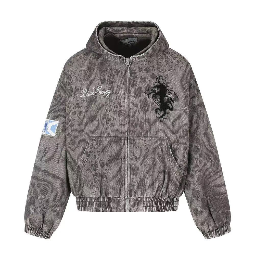 Washed Leopard Print Zip Up Hooded Jacket - OMYGOODS