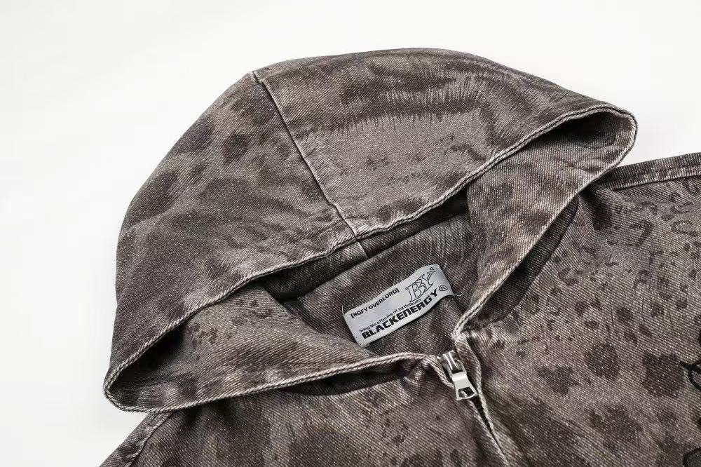 Washed Leopard Print Zip Up Hooded Jacket - OMYGOODS