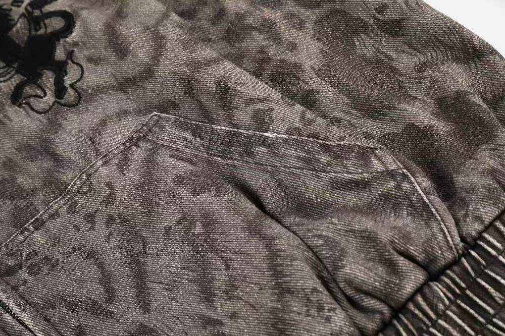 Washed Leopard Print Zip Up Hooded Jacket - OMYGOODS